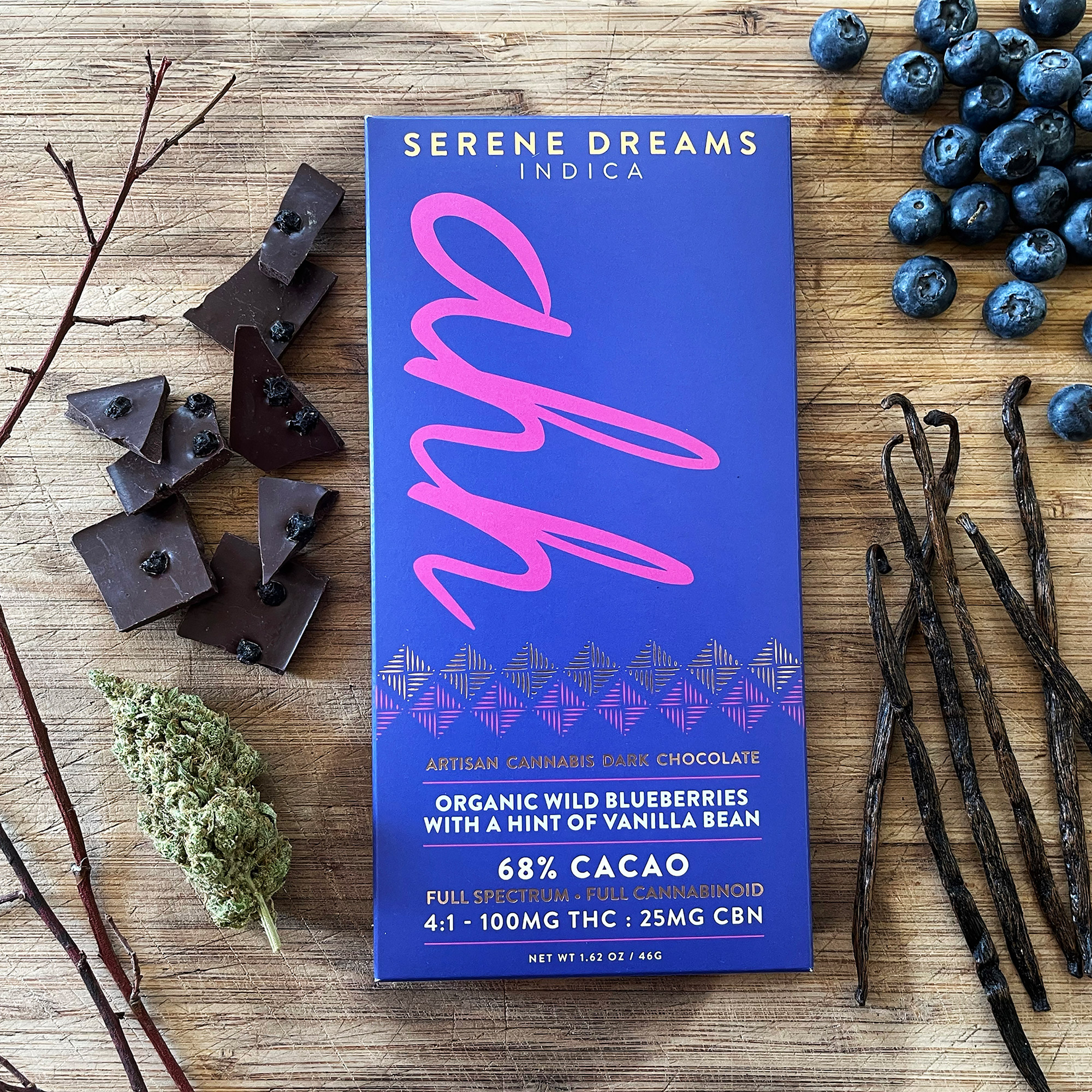 Ahh, artisan cannabis chocolate, cacao, Serene Dreams, indica, blueberries, vanilla bean