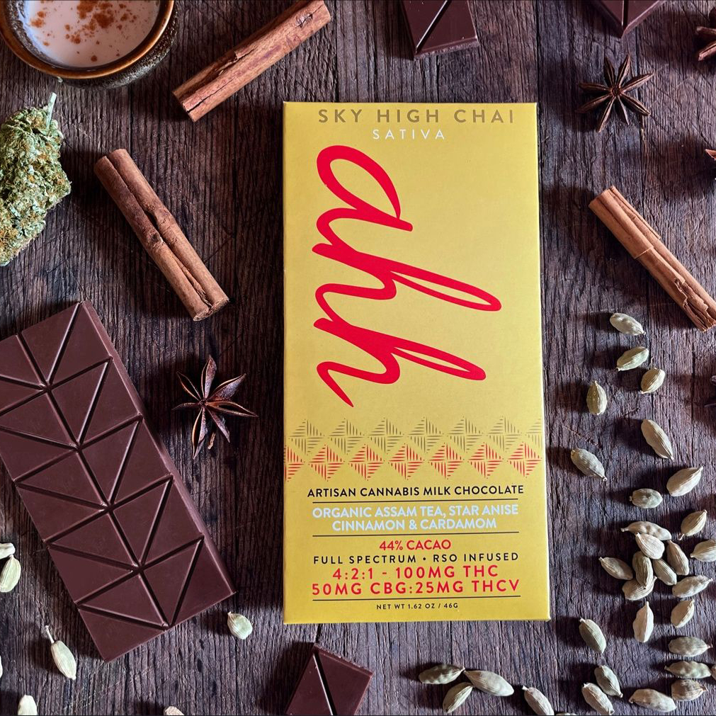Massachusetts based Ahh Moment's Sky High Chai is a Cannabis infused chocolate | An elegant blend of dark milk chocolate infused with organic fair trade Assam Tea, Star Anise, Cinnamon & Cardamom.