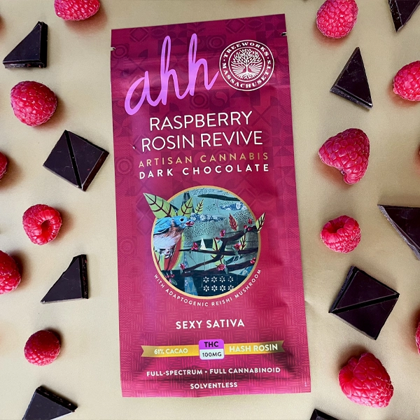 Raspberry Rosin Revive Dark Chocolate : Divine 61% Dark Chocolate with real raspberries swirled throughout, offers a delightful burst of tart sweet crunch. Infused with award winning Treeworks Hash Rosin